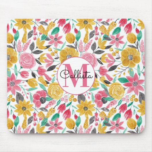 Golden Pink Blume Blätter Aquarellfarben Monogramm Mousepad (Vorne)