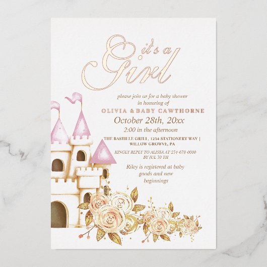 Golden & Pink Fairytale Princess Baby Dusche Folieneinladung (Vorderseite)