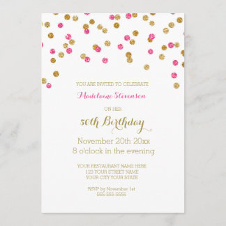 Golden Pink Fuchsia Confetti 50. Geburtstagsparty Einladung
