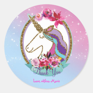 Golden Pink Lila Magical Unicorn Geburtstagsparty Runder Aufkleber