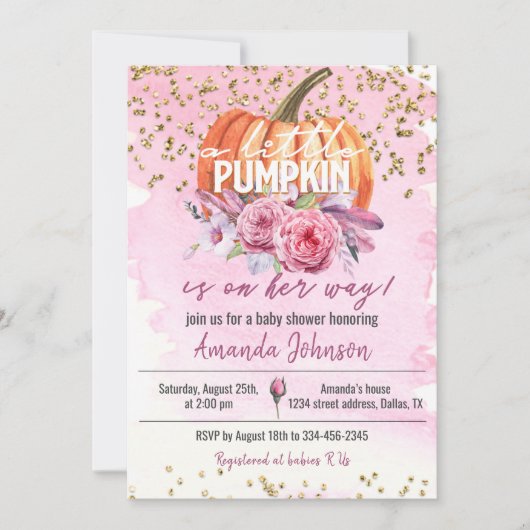 Golden & Pink Little Pumpkin Baby Dusche Einladung (Vorderseite)