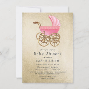 Golden Pink Pram Girl Vintage Babydusche Einladung