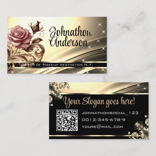 Golden Pink Rose Glitzer Stars QR Code Visitenkarte (Vorne/Hinten)