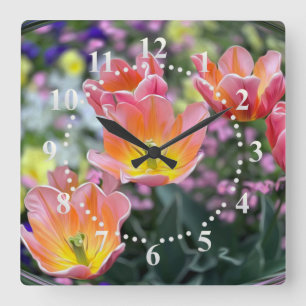 Golden pink tulips quadratische wanduhr