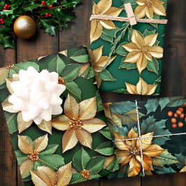Golden Poinsettia Blume über grüne Weihnachten Geschenkpapier Set