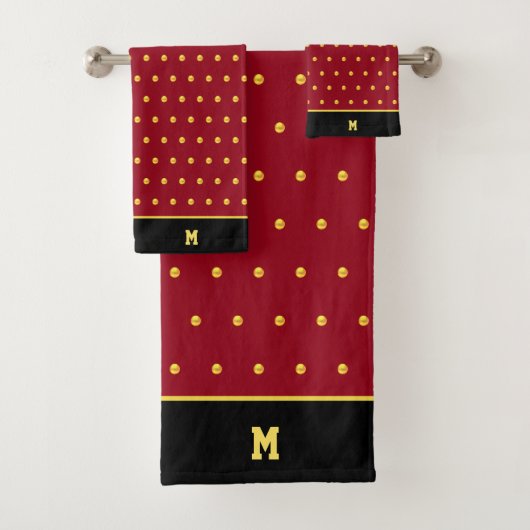 Golden Polka Dots & Monogram auf Burgund & Black Badhandtuch Set (Insitu)
