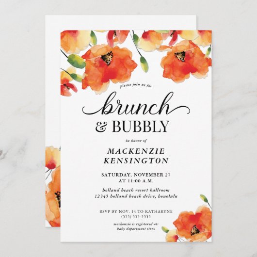 Golden Poppy Brunch Bubbly Brautparty Einladung (Vorne/Hinten)