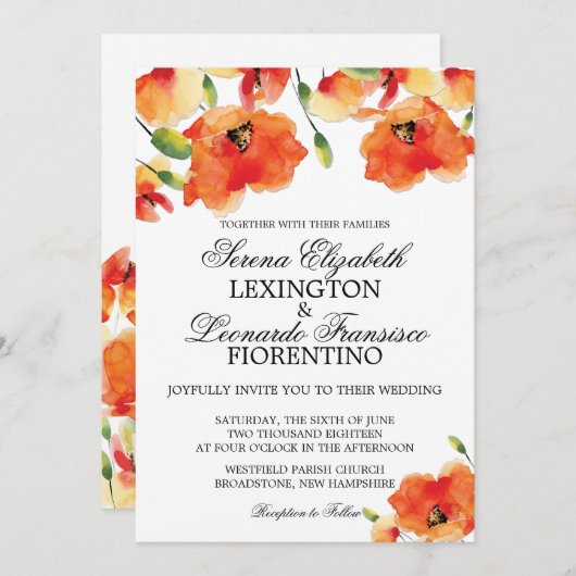 Golden Poppy Summer Wedding Einladung (Vorne/Hinten)