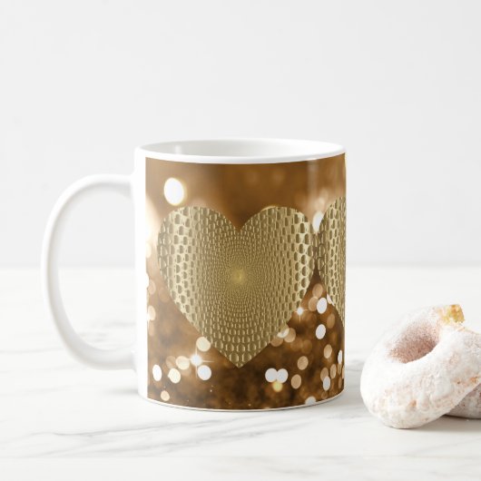 Golden Prismatic Heart Bokeh Imitats Glitzer Kaffeetasse (Mit Donut)