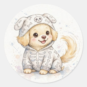 Golden Puppy Skelett Kostüm Halloween Runder Aufkleber