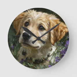 Golden Puppy Wildflower Blick Runde Wanduhr