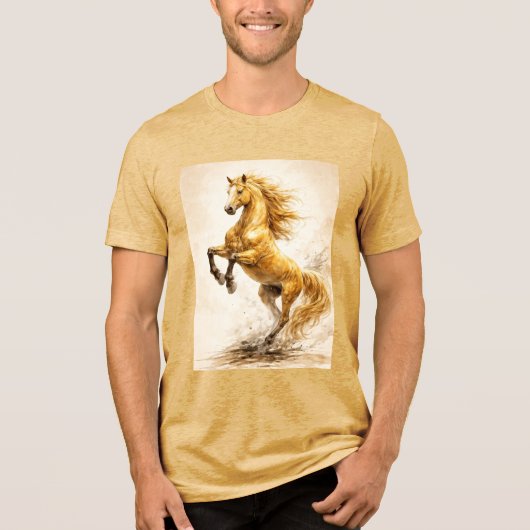 Golden Rearing Horse – Cinematic Ink Painting Tri-Blend Shirt (Vorderseite)