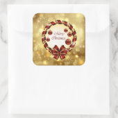 Golden & Red Christmas Kranz mit Bow & Snowflake Quadratischer Aufkleber (Tasche)