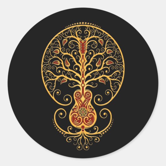 Golden Red Guitar Tree of Life auf schwarz Runder Aufkleber (Vorderseite)