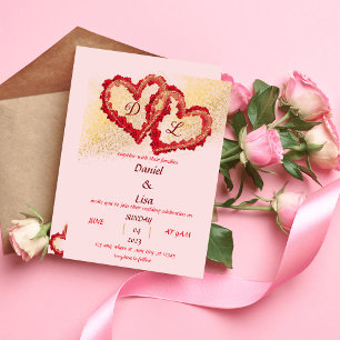 Golden red hearts wedding einladung