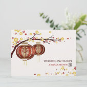 Golden Red Lanterns Cherry Tree Fu Chinesische Hoc Einladung (Stehend Vorderseite)