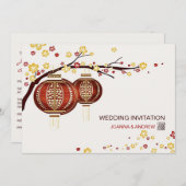 Golden Red Lanterns Cherry Tree Fu Chinesische Hoc Einladung (Vorne/Hinten)