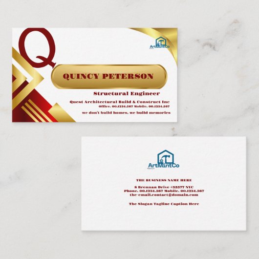 Golden & Red Layers Monogram Initial Founder CEO Visitenkarte (Vorne/Hinten)