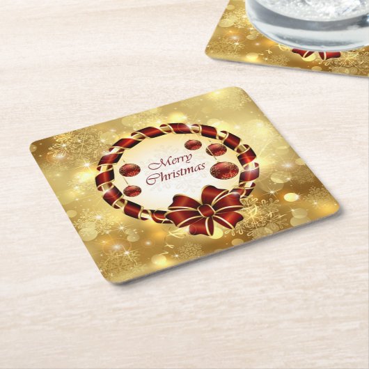 Golden & Red Weihnachtsfeier mit Bow & Snowflake Rechteckiger Pappuntersetzer (angewinkelt)