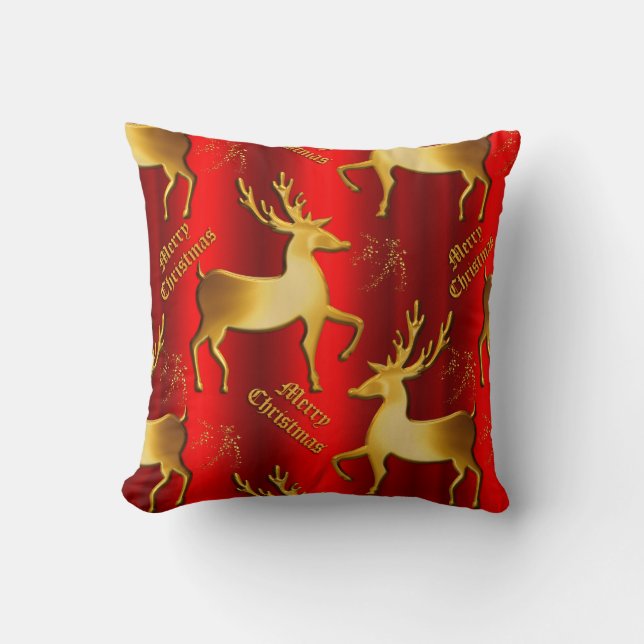 Golden Reindeer Frohe Weihnachten Rot Kissen (Vorderseite)