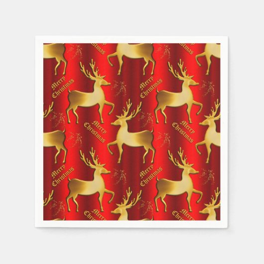 Golden Reindeer on Red Merry Christmas Serviette (Vorderseite)