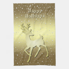 Golden Reindeer Snowy Holiday Kitchen Towel Geschirrtuch