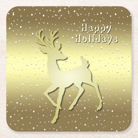 Golden Reindeer Snowy Holiday Paper Coaster Rechteckiger Pappuntersetzer (Vorderseite)