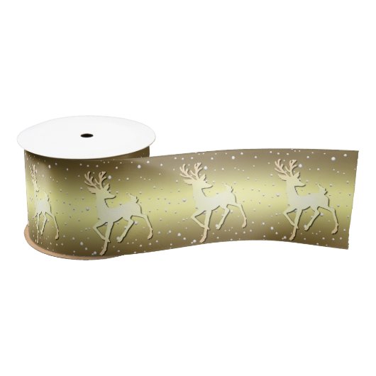 Golden Reindeer Snowy Holiday Satin Ribbon Satinband (Spule)