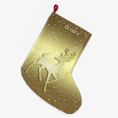 Golden Reindeer Snowy Holiday Stocking Großer Weihnachtsstrumpf (Vorderansicht (hängend))