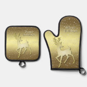 Golden Reindeer Snowy Ofenhandschuh & Topflappen-Set (Vorderseite)