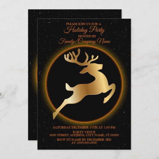 Golden Rentier Black Holidays Party Einladung (Vorne/Hinten)