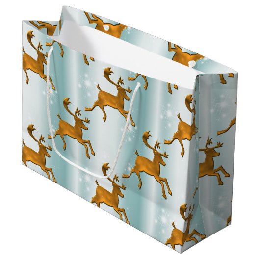Golden Rentiers on Pale Aqua Große Geschenktüte (Vorderseite Schrägansicht)