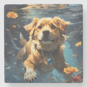Golden Retreifer Schwimmen mit Blume Steinuntersetzer