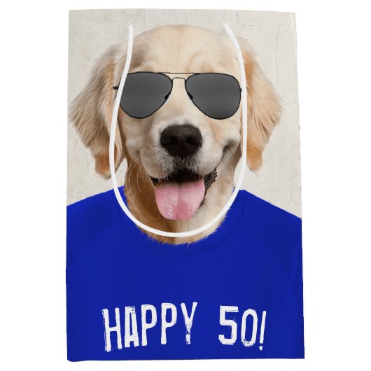 Golden Retriever 50. Geburtstag Mittlere Geschenkt Geschenktüte (Vorderseite)