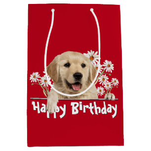 Golden Retriever am Geburtstag auf Rot Mittlere Geschenktüte