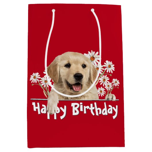 Golden Retriever am Geburtstag auf Rot Mittlere Geschenktüte (Vorderseite)