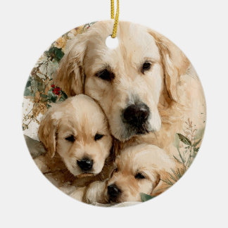 Golden Retriever and Puppies Vintage Christmas Keramik Ornament