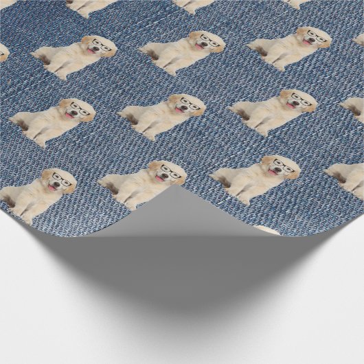 Golden Retriever auf Blue Jean Denim Geschenkpapier (Ecke)