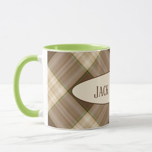 Golden Retriever auf braunem kariertem Muster mit  Tasse (Links)