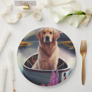 Golden Retriever auf dem Paddle: Ein Landschaftlic Pappteller