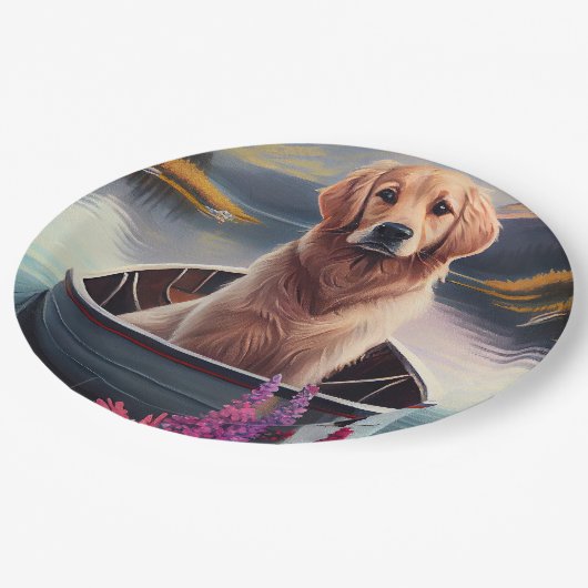 Golden Retriever auf dem Paddle: Ein Landschaftlic Pappteller (Schrägansicht)