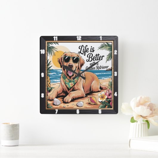 Golden Retriever Beach Life Quadratische Wanduhr (Zuhause)