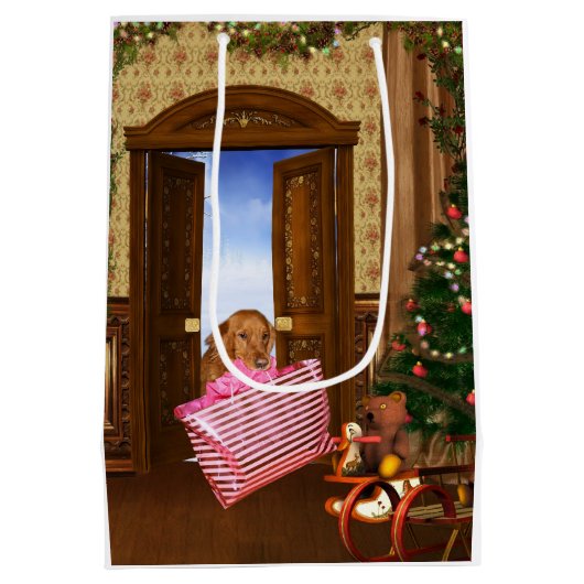 Golden Retriever beendet Weihnachts-Shopping Mittlere Geschenktüte (Rückseite)