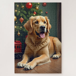 Golden Retriever bei der Spielzeugeisenbahn Weihna Puzzle