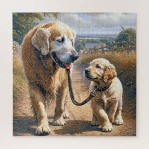 Golden Retriever beim Spazieren auf einer Landstra Puzzle