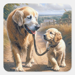 Golden Retriever beim Spaziergang auf einer Landst Quadratischer Aufkleber