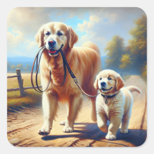Golden Retriever beim Spaziergang Quadratischer Aufkleber