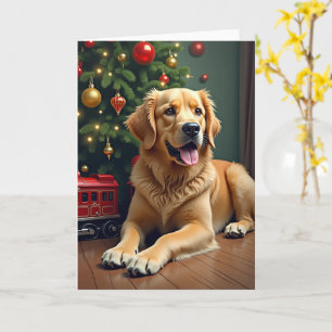 Golden Retriever beim Weihnachtszug Spielzeug Karte
