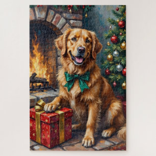 Golden Retriever bewacht geduldig ein Weihnachtsge Puzzle