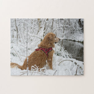 Golden Retriever Blick auf den Fluss im Schnee Puzzle